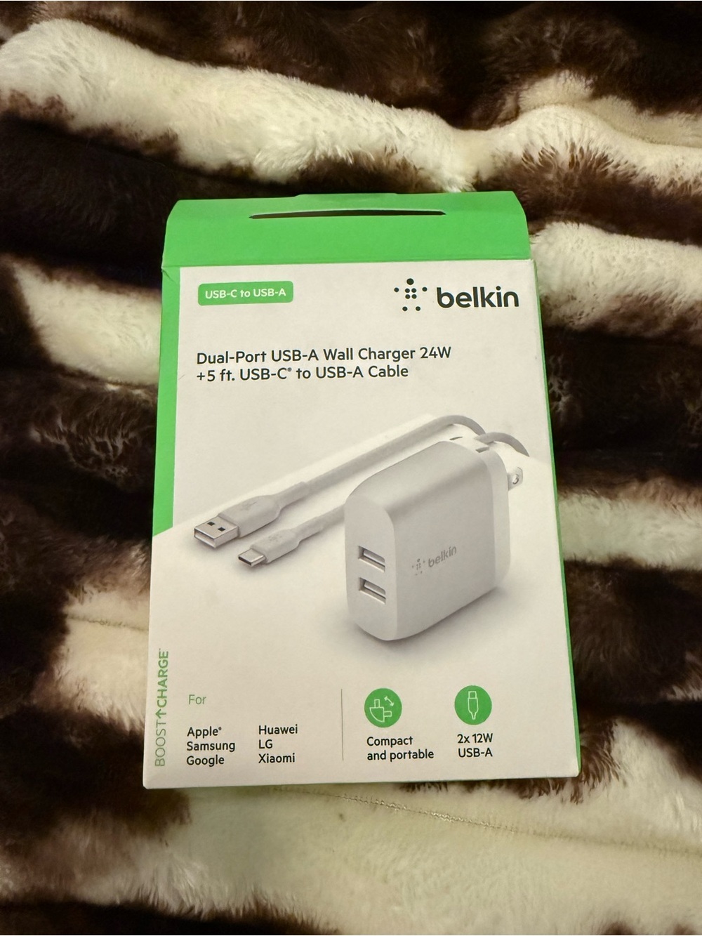 belkin Dual-Port USB-A 24W Wall Charger with USB-C to USB-A Cable - White